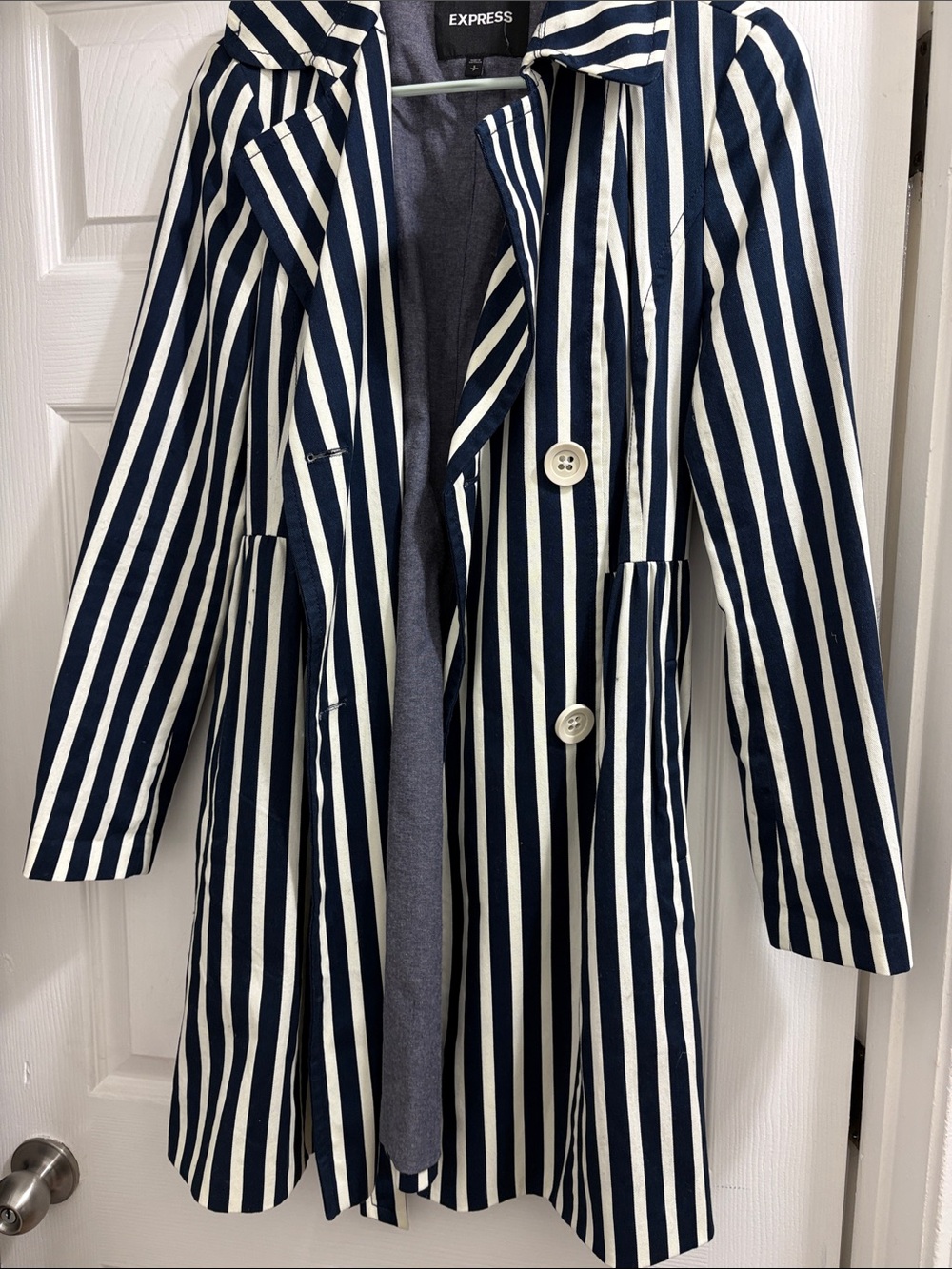 Express Navy and White Striped Trench Coat
